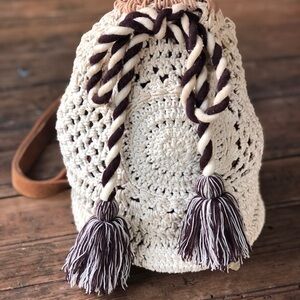 Hand-Crocheted Cream Drawstring Bucket Bag with Brown Tassels